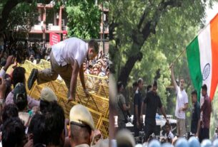 चुनाव आयोग के खिलाफ विपक्ष का हल्लाबोल, बैरिकेड पर चढ़े राहुल गांधी, लहराया तिरंगा